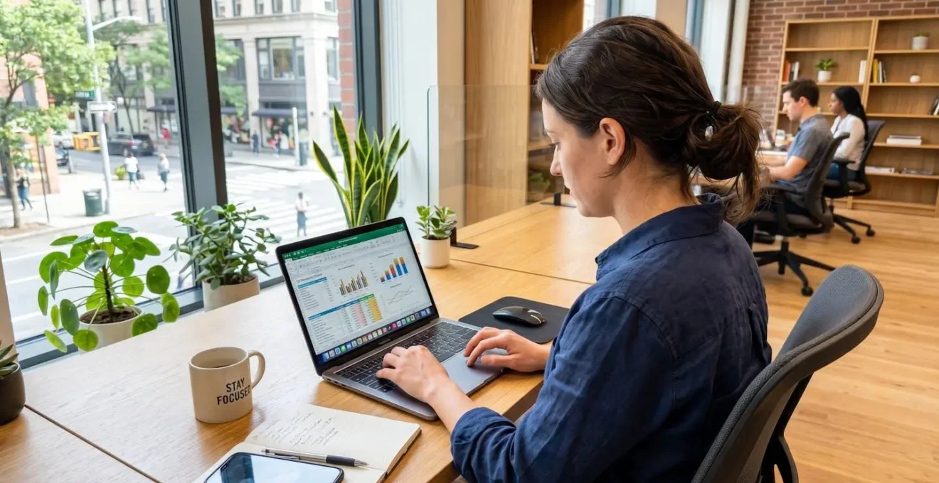 Un élu du comité social et économique vu de dos assis à son bureau consulte un ordinateur portable dont l'écran est flouté avec un carnet et un stylo à proximité
