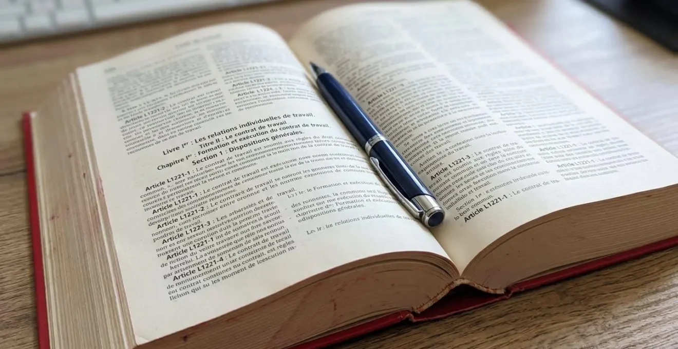 Gros plan sur une page du Code du travail français ouverte montrant un article numéroté avec un stylo posé à côté sous une lumière naturelle rasante